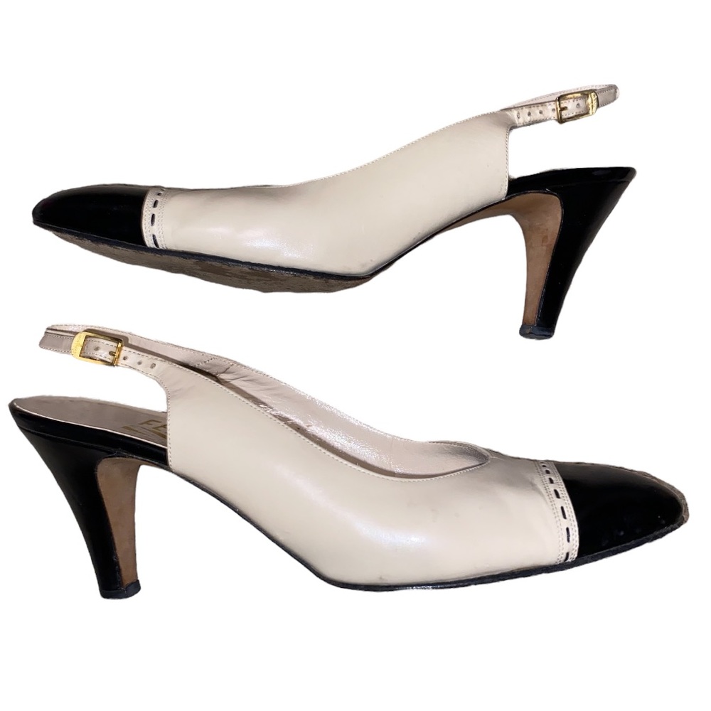 Salvatore Ferragamo sling back cream heels black cap toe, size 8 AA - Picture 9 of 9